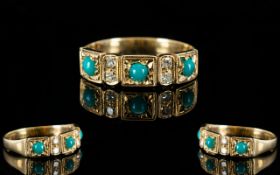 Antique Period Attractive 9ct Gold Turquoise and Diamond Set Dress Ring. With Full Hallmark for 9.