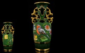 Henri Bequet Quaregnon Belgium Vintage Hand Painted Vase Baluster form vase with reticulated detail