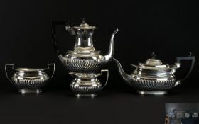 Victorian Period 4 Piece Solid Silver Tea and Coffee Set of Good Proportions with Half Ribbed