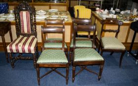 Four Victorian Dining Chairs Each with turned supports and cross stretcher, upholstered in mint