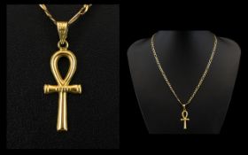 9ct Gold Ankh Pendant - Attached to 9ct Figaro Design Chain. Full Marks for 9ct Gold.