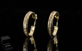 Contemporary Designed 14ct Gold - Diamond Set Pair of Hoop Earrings of Attractive Form / Style,