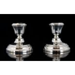 Art Deco Period Pair of Silver Squat Candlesticks with Reeded Band Decoration to Circular Bases.