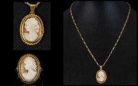 Ladies - Matching Set of a 9ct Gold Cameo Ring with Attached 9ct Gold Chain and Pendant. All