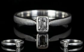 Platinum Set Contemporary Single Stone Diamond Ring the step cut diamond of top colour and clarity