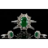 Ladies - Nice Quality Diamond and Emerald Set Cluster Ring, Flower head Design,