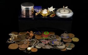 A Collection Of Mixed Coins Costume Jewellery And Oddments To include Ingersol pocket watch,