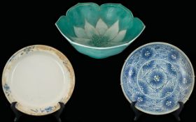 Three Oriental Bowls Decorated In Underglaze Blues. As Found.