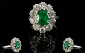 18ct White Gold Diamond & Emerald Cluster Ring Oval Green Emerald Surrounded By 10 Round Cut