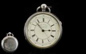 Victorian Period Large and Heavy Open Faced Silver Chronograph Pocket Watch with Gold Slide Button.