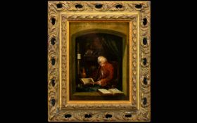 Unsigned 19th Century Portrait, a man dressed in 18th century attire, studying a picture book, by