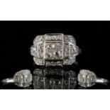 French Art Deco Diamond Cluster Ring, Pave Set With Round Brilliant Cut Diamonds,