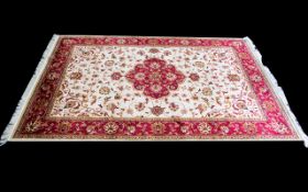 Woven Silk Carpet Keshan rug with beige ground and traditional Middle Eastern floral and foliate