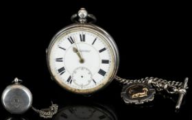 Edwardian Period Solid Silver and Heavy Open Faced Pocket Watch with Attached Silver Watch Chain -