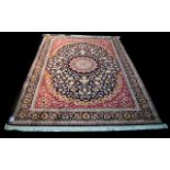 A Very Large Woven Silk Carpet Keshan rug with midnight blue ground and traditional Middle Eastern