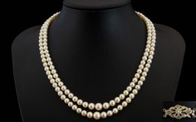 Ladies 1950's Good Quality and Attractive Double Strand Cultured Pearl Necklace with a 9ct White