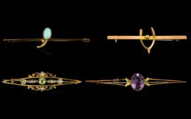 Edwardian and Victorian Period - Good Collection of Four ( 4 ) 9ct Gold Stone Set Brooches.