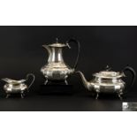 1930s Period Silver 3 Piece Tea & Coffee Service with Ribbed Body Design. Raised on hoof feet.