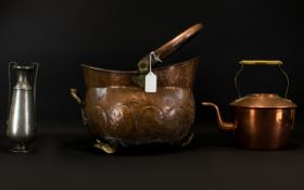 Planished Copper And Brass Coal Bucket Squat form bucket with lion paw feet,