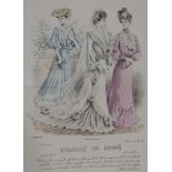 Collection of French fashion plates, hand coloured, mounted, unframed.