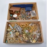 Three trays of costume jewellery, bead necklaces including some rough amber,