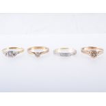 Four diamond set rings, three solitaires, two illusion set and a half ternity ring,