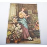 Ethel Mary Mason, The Flower Girl, signed and dated 1890, hand painted porcelain panel, 41cm x 28cm,