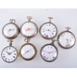 Seven pair case pocket watches, mainly silver, one plated, damage to dials and cases.
