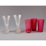 A collection of table glass, six cranberry glass tumblers 10cm tall,