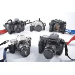 Collection of 35mm SLR film cameras, including Canon EOS 5 (x2), EOS 500 (x2), EOS 700 and Chinon