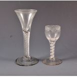 George III style dwarf wine glass, rounded funnel bowl with engraved decoration,