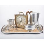 Box of silver plated items, part Piquotware tea set, cutlery,