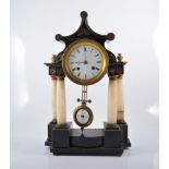 French ebonised portico clock, 19th Century, white enamelled dial, signed Rollin á Paris,