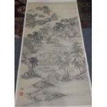 A Japanese scroll with views of a mountain and meandering river with groups of figures and prunus