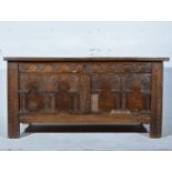 Joined oak coffer, basically late 17th Century, four panel hinged lid,