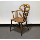 Elm and ash low back Windsor chair, narrow arms, solid seat, turned legs, width 56cm.