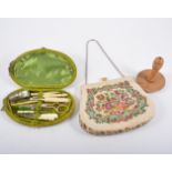 Wooden sewing basket and sewing accoutrements.