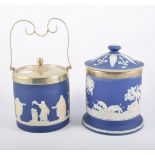 Adams Blue Jasper ware skip barrel with plated mounts, plaid moulded decoration,