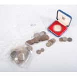 Collection of worldwide coins, silver crown.