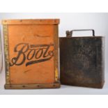 Four petrol cans, Shell-mex etc and a Boots branded wooden crate.