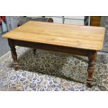 Victorian pine kitchen table, rectangular boarded top with rounded corners, plain frieze,