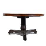 William IV rosewood circular tilt-top breakfast table, inlaid burr walnut band,