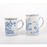 Chinese export porcelain blue and white mug, decorated with a river landscape, extensively restored,