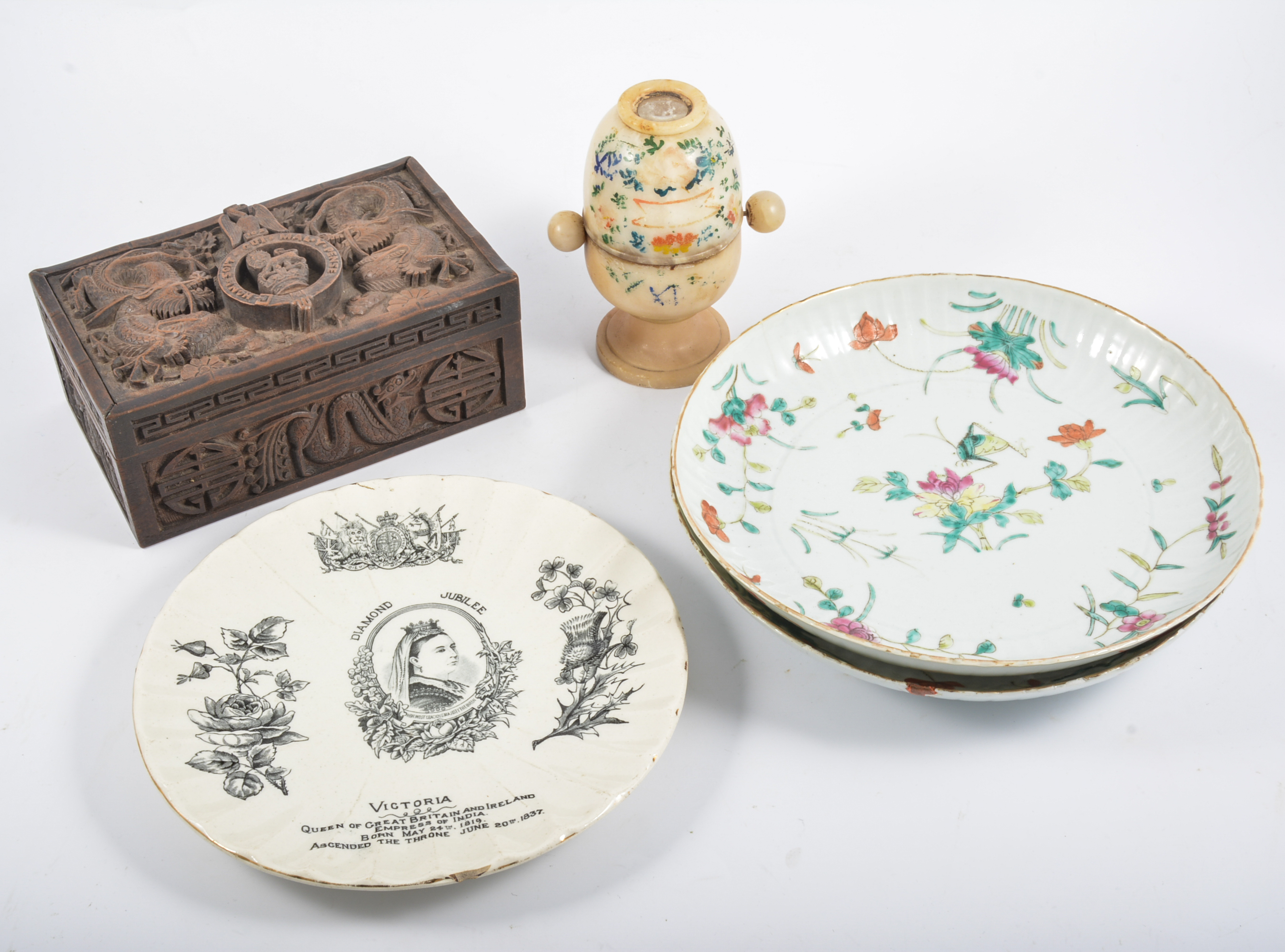 Wooden chinese box, crested-ware, Victorian commemorative plate, Chinese plates etc.