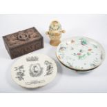 Wooden chinese box, crested-ware, Victorian commemorative plate, Chinese plates etc.