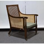 Victorian mahogany armchair, square back, shaped arms with cross-banding and stringing,