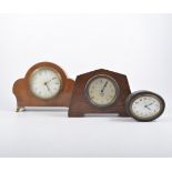 Edwardian inlaid mantel clock, oak clock, and one other.