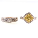 Two diamond set dress rings, both pave set with multiple small brilliant cut diamonds,
