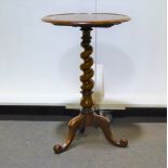Victorian mahogany pedestal table, circular tray top, barleytwist columns, scrolled tripod legs,