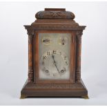 Edwardian walnut mantel clock, rectangular silvered dial, chapter ring with Arabic numerals,
